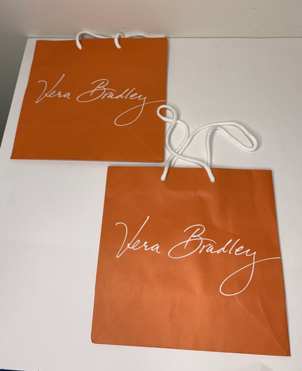 Two Vera Bradley Shopping Bag Gift Bag Orange White Lettering 10 x 10 Inches